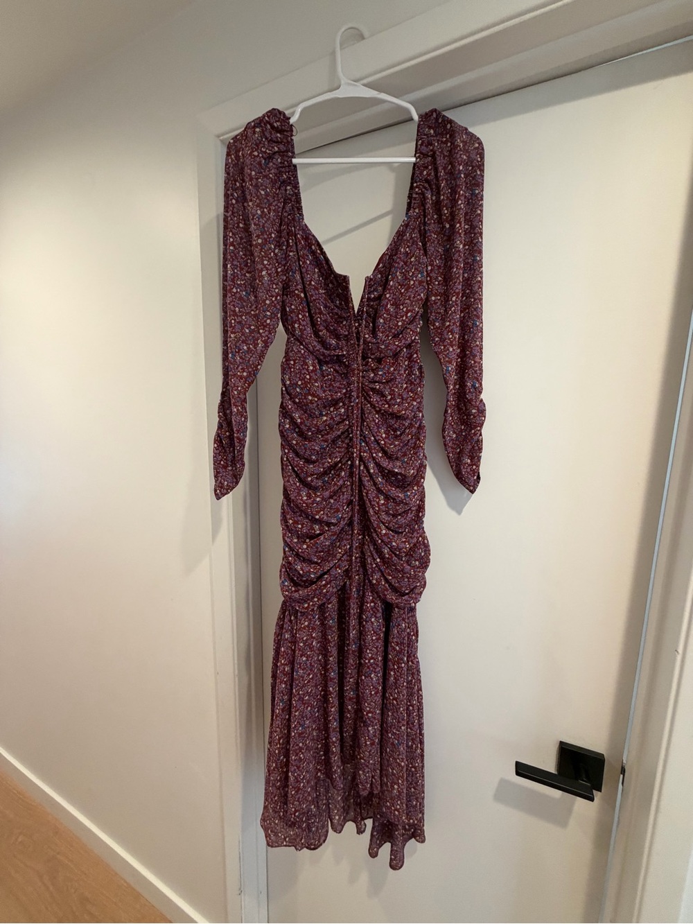 Astr Floral Ruched Long Sleeve Maxi Dress in Wine - Picture 1 of 2
